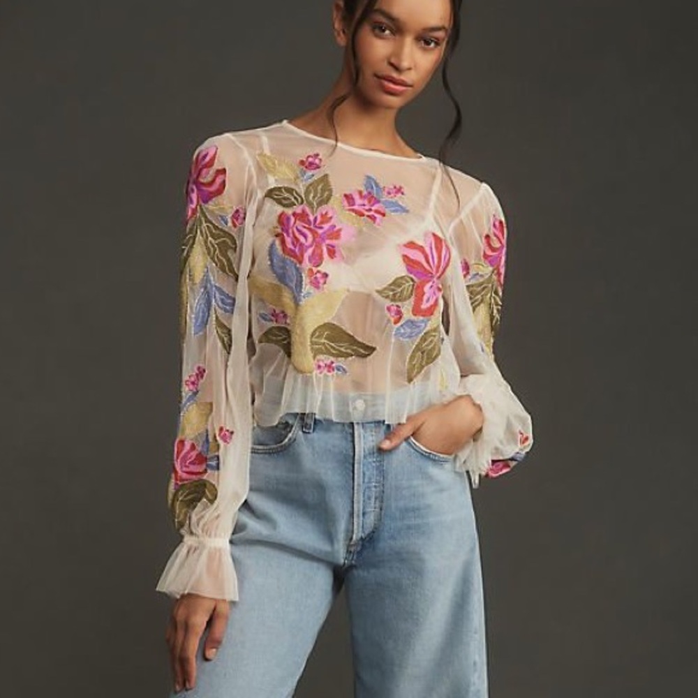 NEW XXS Anthropologie Layla Mesh Appliqué Long Sleeve Floral Embroidered Blouse - Picture 10 of 10